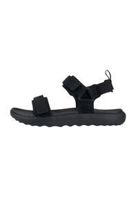 Sandal nera con cinturini in velcro regolabili, soletta testurizzata e suola ondulata imbottita per una migliore aderenza e comfort.