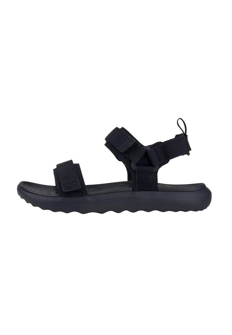 Sandal nera con cinturini in velcro regolabili, soletta testurizzata e suola ondulata imbottita per una migliore aderenza e comfort.