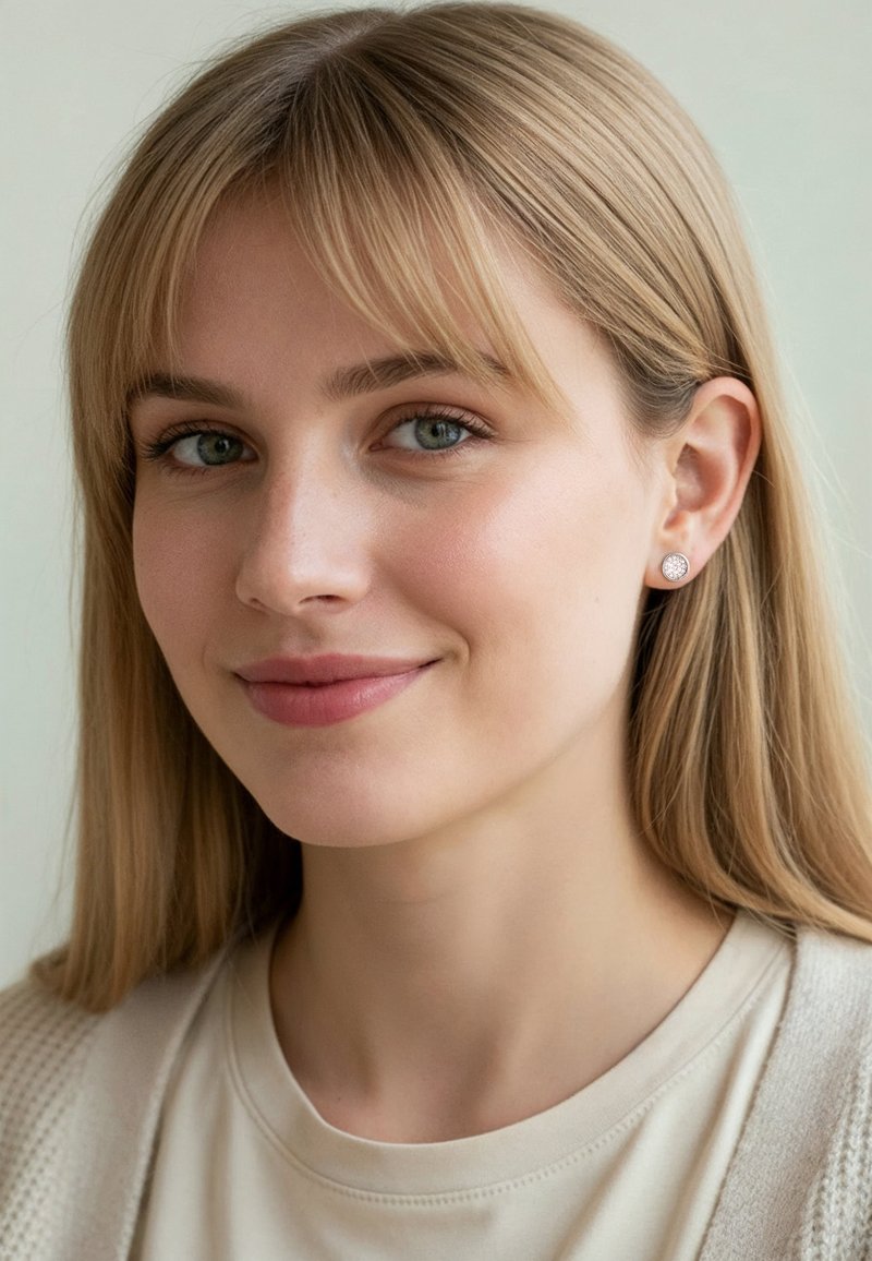 Silver runda stuvar med en texturerad yta, bärs av en person med rakt blont hår, mot en ljus bakgrund.