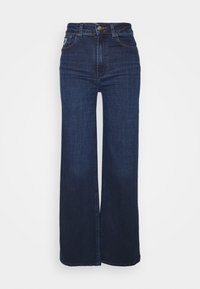 Tmavě modré široké džíny vyrobené z denimu, s vysokým pasem, knoflíkovým zapínáním a dvěma předními kapsami. Hladká textura a klasický design.