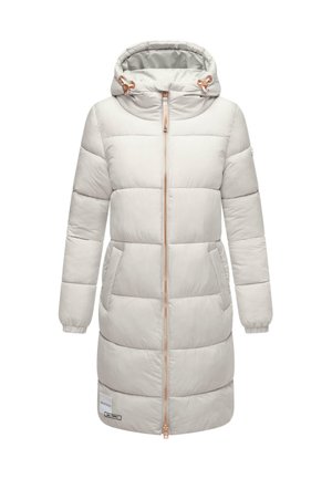 Világosszürke puffkabát kapucnival, elülső cipzárral, két elülső zsebbel és rózsa arany színű fém kiegészítőkkel. Sima textúra, hosszú ujjak.