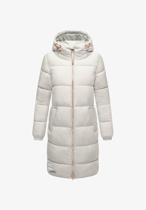 Világosszürke puffkabát kapucnival, elülső cipzárral, két elülső zsebbel és rózsa arany színű fém kiegészítőkkel. Sima textúra, hosszú ujjak.
