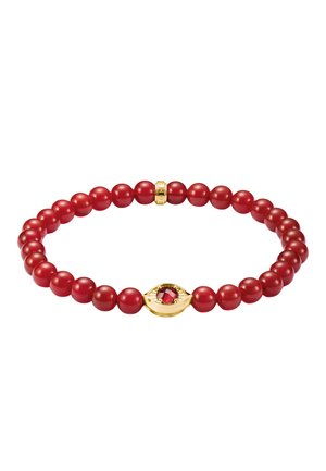 Elastisches Armband mit runden roten Perlen und einem goldenen Mittelstück mit rotem Edelstein.
