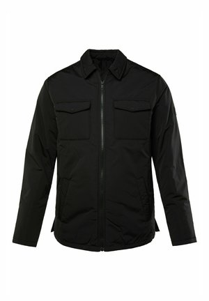 Schwarze gepolsterte Jacke mit einem Frontreißverschluss, zwei Brusttaschen mit Klappen, langen Ärmeln und einem spitz zulaufenden Kragen. Glatte, elegante Textur.