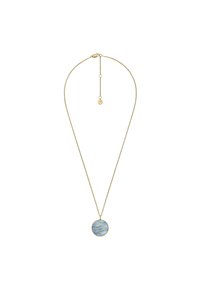 Collier doré avec un pendentif rond comportant une pierre bleue irisée et des accents circulaires. La chaîne inclut une fonction de longueur ajustable.