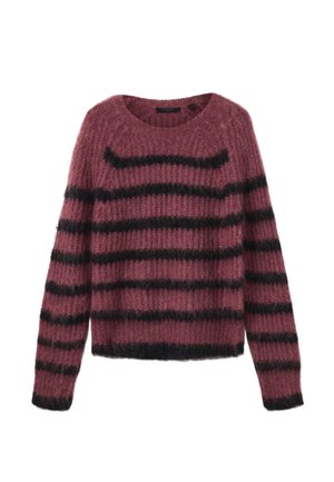 Long-sleeve fuzzy purple sweater with black horizontal stripes and a round neckline.