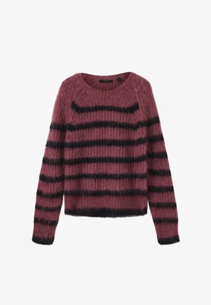Long-sleeve fuzzy purple sweater with black horizontal stripes and a round neckline.
