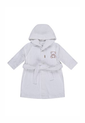 White hooded baby bathrobe with belt and brown teddy bear embroidery on the chest, made of soft terry cloth fabric.
