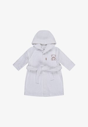 Weißer Baby-Bademantel mit Kapuze, Gürtel und brauner Teddybären-Stickerei auf der Brust, aus weichem Frottee-Stoff gefertigt.