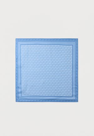 Blue square scarf with repeating white "MK" pattern and border, featuring the "MICHAEL KORS" logo in the bottom right corner.