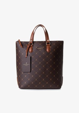 Sac fourre-tout en cuir marron avec un corps à motifs, accentué par des poignées marron structurées et une étiquette affichant le nom de la marque, Lazarotti.