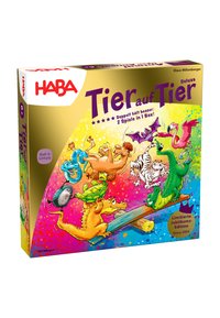 Kleurrijke speldoos met verschillende cartoonachtige dieren op een schommel. De doos heeft gedurfde graphics en gouden, roze en blauwe accenten.