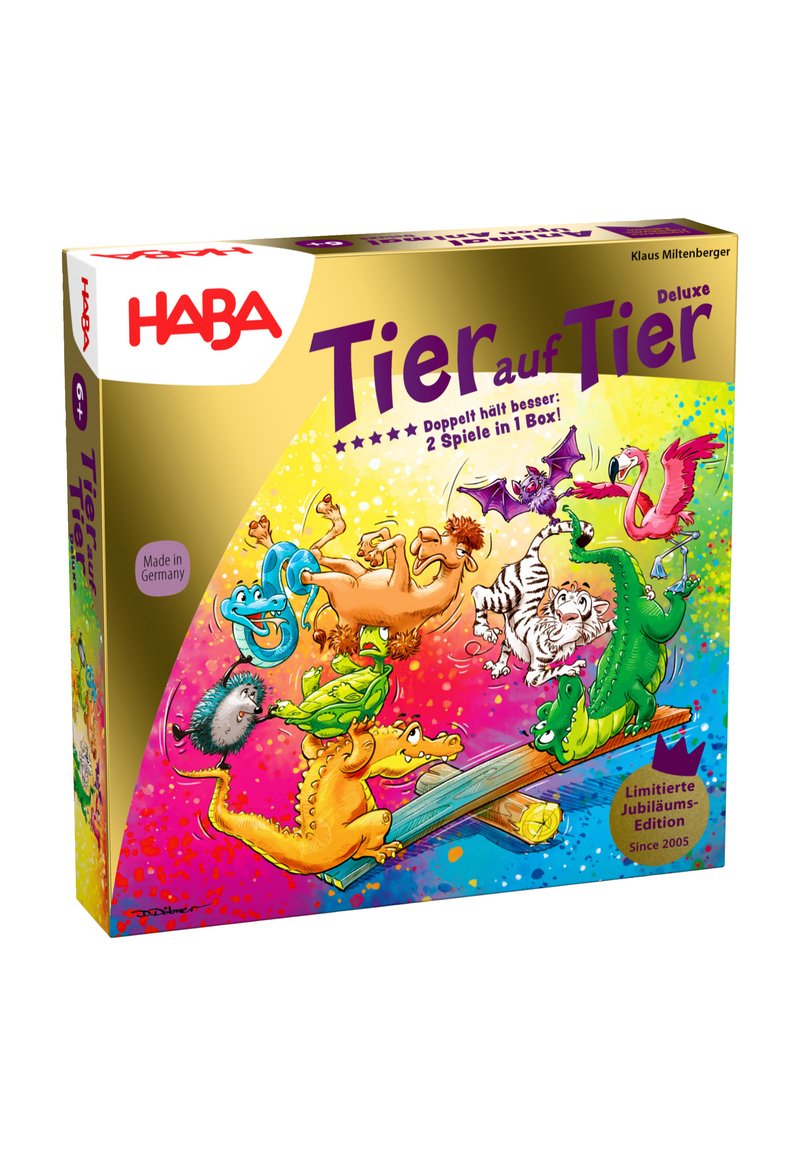 Kleurrijke speldoos met verschillende cartoonachtige dieren op een schommel. De doos heeft gedurfde graphics en gouden, roze en blauwe accenten.