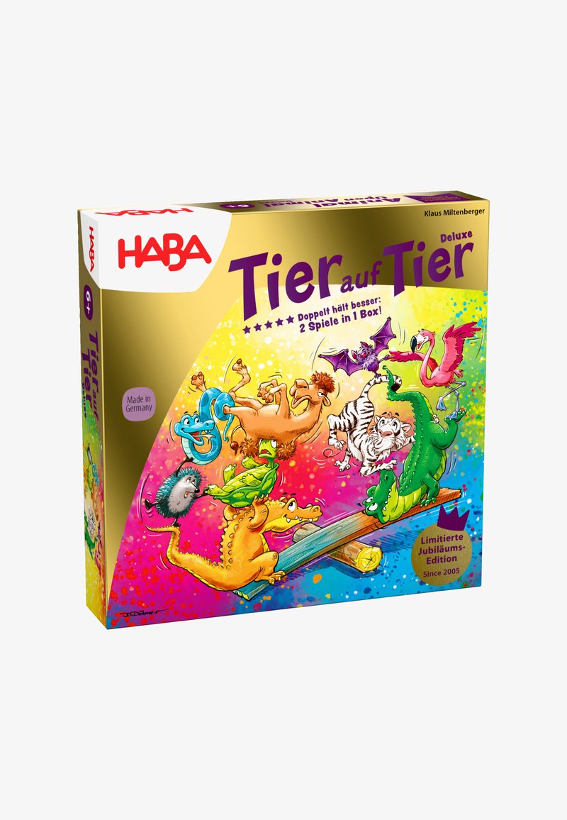 Kleurrijke speldoos met verschillende cartoonachtige dieren op een schommel. De doos heeft gedurfde graphics en gouden, roze en blauwe accenten.