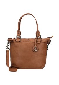 Taschen aus braunem Leder mit zwei Griffen, abnehmbarem Schultergurt, Reißverschluss und einem Anker-Anhänger. Glatte Textur mit robuster Naht.