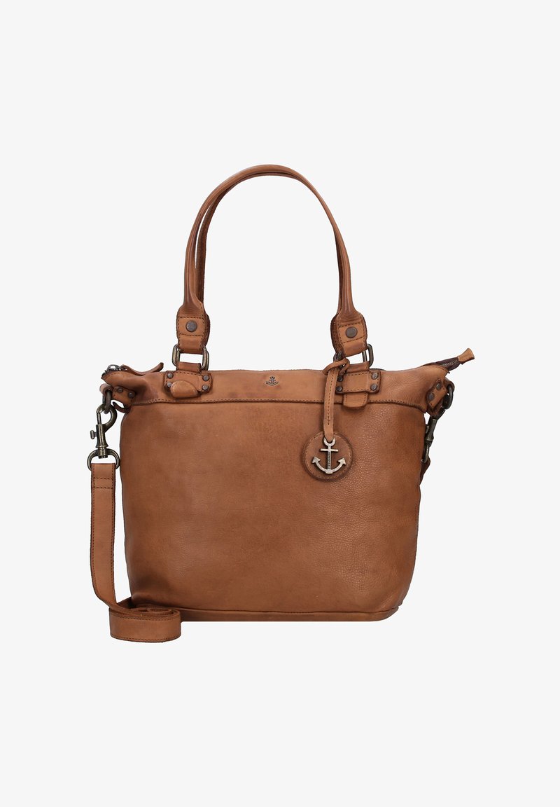 Taschen aus braunem Leder mit zwei Griffen, abnehmbarem Schultergurt, Reißverschluss und einem Anker-Anhänger. Glatte Textur mit robuster Naht.