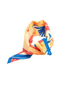Seidenschal mit einem bunten Muster aus orangefarbenen, blauen und gelben Elementen. Leichtgewichtige, quadratische Form mit gerollten Kanten.
