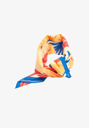 Seidenschal mit einem bunten Muster aus orangefarbenen, blauen und gelben Elementen. Leichtgewichtige, quadratische Form mit gerollten Kanten.