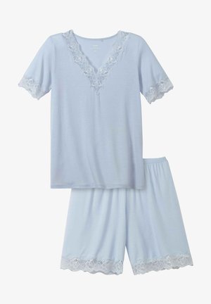Set di pigiama azzurro chiaro con cima a maniche corte dotata di pizzo lungo il collo a V e le maniche, abbinata a pantaloni corti con dettagli in pizzo.