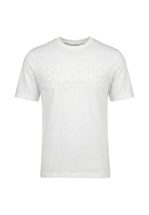 T-shirt blanc à manches courtes avec texte et logo en relief « Sergio Tacchini » centrés sur le devant.