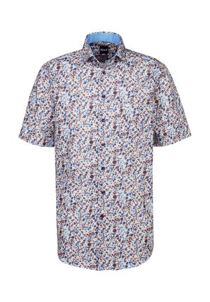 Kurzärmliges Hemd mit einem hellblauen Hintergrund und einem floralem Muster in Braun und Marineblau. Knöpfen vorne und kontrastierendem Kragen.