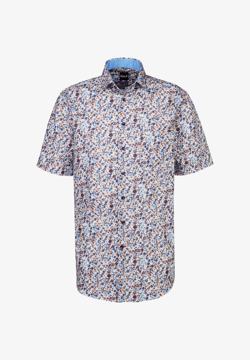Camicia a maniche corte con sfondo blu chiaro e motivo floreale in marrone e blu navy. Chiusura frontale con bottoni e colletto a contrasto.