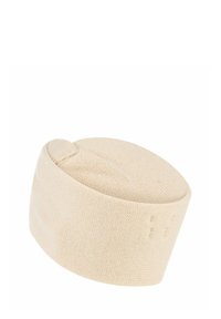 Bandeau en tricot beige avec une texture lisse, un design large et un logo en relief discret. Convient à différentes coiffures et occasions.