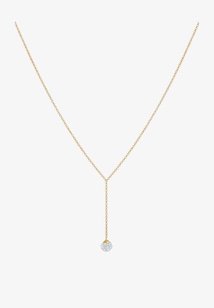 Collar de cadena de oro con un colgante largo que presenta un brillante pendant de cristal redondo, exhibiendo una textura suave y un diseño simple.