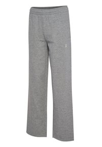 Szare spodnie dresowe o szerokim kroju nogawki, wykonane z miękkiego materiału, z elastycznym pasem i małym jasnym logo.