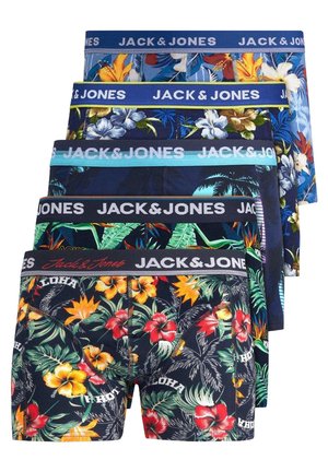 Fünf Paare von Jack & Jones Herren-Boxershorts in verschiedenen tropischen Blumenmustern. Die Farben umfassen Dunkelblau, Marineblau und Schwarz mit kontrastierenden Bund.