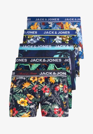 Five pairs of Jack & Jones men's boxer shorts in various tropical floral patterns. Colors include dark blue, navy, and black with contrasting waistbands.