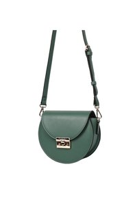 Borsa a tracolla in pelle verde con forma circolare, patta frontale piatta e chiusura in metallo dorato. Tracolla regolabile con texture liscia.