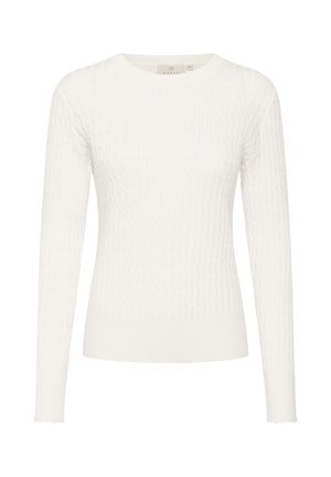 Balta adatāmā džemperis ar teksturētu ribošanas rakstu. Iezīmē apaļu kakla izgriezumu un garām piedurknēm ar viļņotām malām. Mīksta auduma apdare.