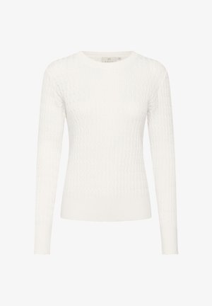 Biała dzianinowa sweater z fakturowanym wzorem prążków. Posiada okrągły dekolt oraz długie rękawy z falbankowymi mankietami. Miękka tkanina.