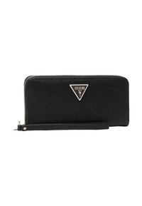 Portefeuille noir à fermeture éclair avec un matériau synthétique texturé, accent logo triangulaire argenté et une sangle amovible pour le poignet. Fini lisse et design épuré.