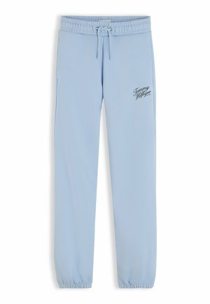 Lyseblå joggingbukser med elastisk talje og manchetter, snor og lille sort kursivt logo på venstre lår.