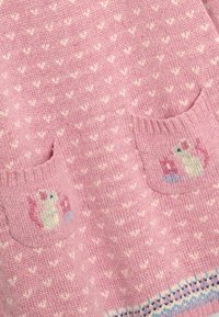 Maglione di filato rosa con piccoli motivi a cuore bianchi, due tasche con ricami di uno scoiattolo e un fiore, e un orlo decorativo.