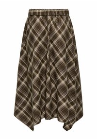 Jupe à carreaux marron et beige avec taille élastique et ourlet asymétrique, tissu fluide et motif à carreaux diagonal.