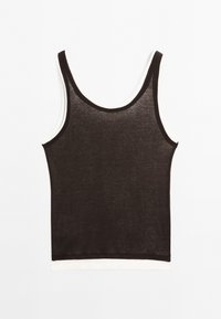 Černá tílko s bílým lemem. Měkká, lehká tkanina. Bezešvá konstrukce s kulatým výstřihem a rovním hemem. Jednoduché a bez ozdob.