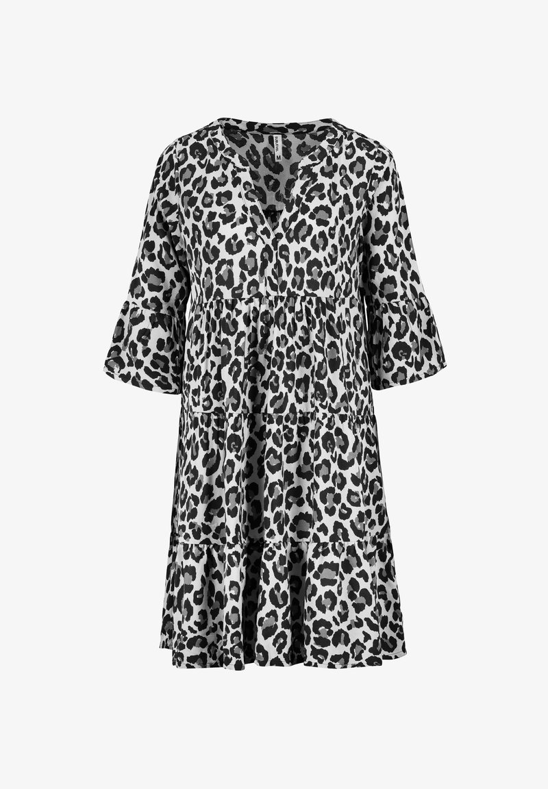 Schwarz-weißer Leopardenmuster-Kleid mit V-Ausschnitt, gestuften Rüschen und Glockenärmeln. Aus leichtem Stoff gefertigt, bietet es eine lässige Passform.