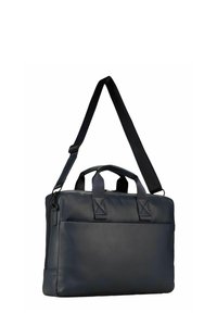 Dunkelblaue Leder-Laptoptasche mit zwei oberen Griffen, verstellbarem Schultergurt, vorderer Reißverschlusstasche und flacher rechteckiger Form.