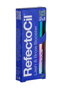 RefectoCil Wimpern- und Augenbrauenbooster Box, blau mit weißem Text, enthält zwei Tuben: eine metallisch blaue und eine pinke. 6 ml Volumen. Vegan-Label vorhanden.