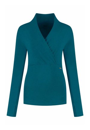 Tummansininen pitkähihaisen kietaisupaita, jossa on V-pääntie ja sivuhalkiot. Valmistettu pehmeästä kankaasta, jossa on sileä rakenne ja hillityt ompelusyyt.