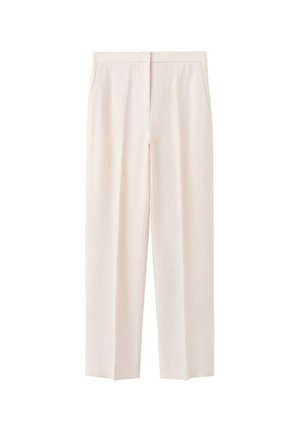 Pantaloni color crema a gamba dritta con tasche laterali e vita alta, mostrati distesi su uno sfondo bianco.