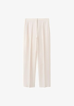 Pantalones de corte recto color crema con bolsillos laterales y cinturilla alta, presentados planos sobre un fondo blanco.