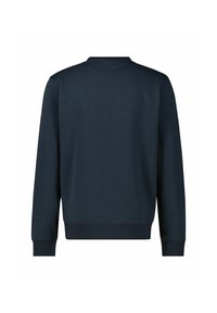 Marineblauer Rundhalsausschnitt Pullover mit langen Ärmeln, gerippten Bündchen und Saum, glatte Textur ohne sichtbare Muster oder Hardwaredetails.