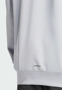 Maglia sportiva a maniche lunghe grigio chiaro con texture liscia. Presenta il marchio "AEROREADY" vicino all'orlo inferiore. Design semplice e moderno.
