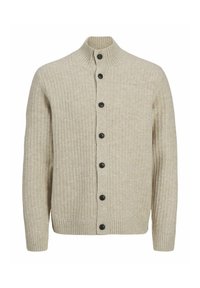 Cremfarbener gerippter Cardigan mit hohem Kragen, ausgestattet mit sechs schwarzen Knöpfen auf der Vorderseite, aus strukturiertem Strickstoff gefertigt.