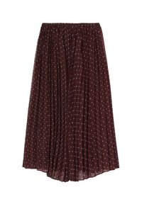 Jupe plissée bordeaux avec taille élastique et petits pois bleus. Tissu léger avec une texture fluide, design mi-mollet.