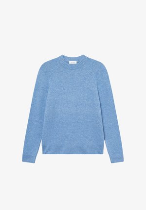 Lichtblauwe crew-neck trui van een zachte breiselstof, met raglanmouwen en ribgebreide afwerking bij de kraag en onderkant.